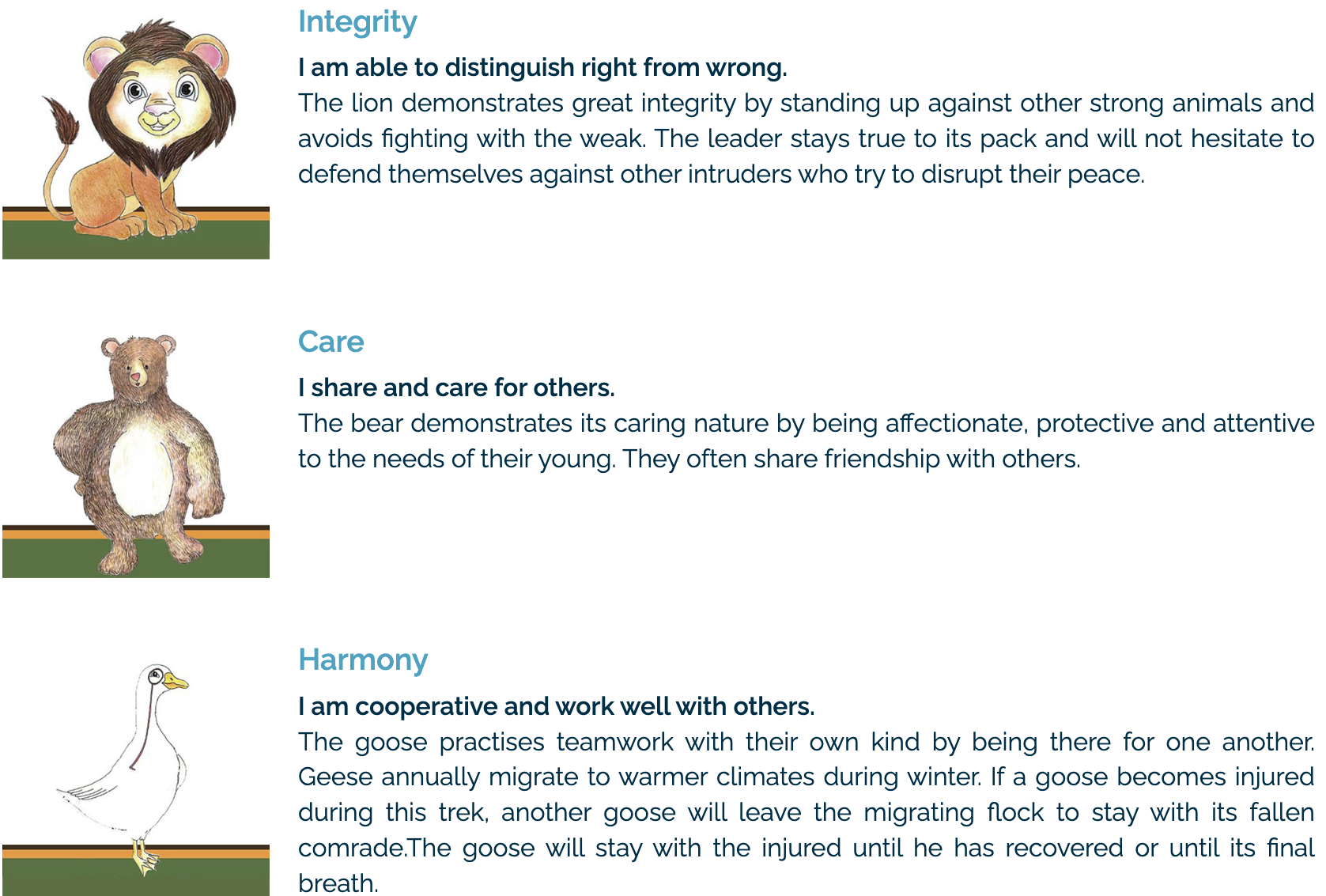 Three cartoon animals, a lion, bear, and goose, each paired with text about Integrity, Care, and Harmony values.